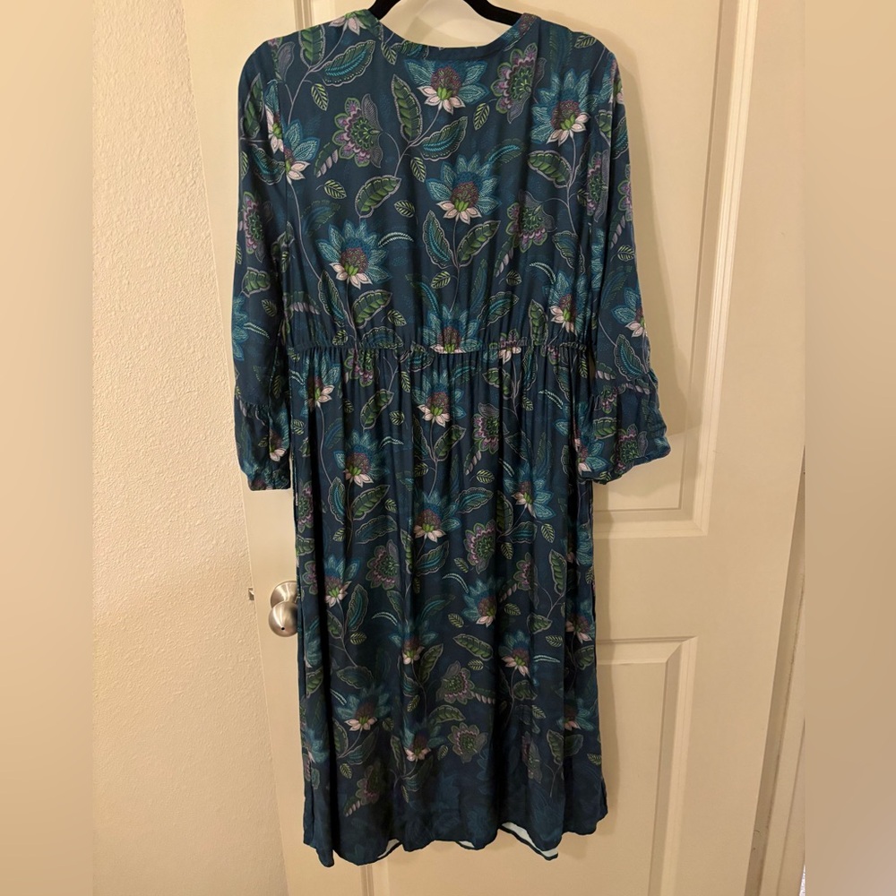 FINAL SALE $10 J Jill Teal Floral V-Neck Midi Dress Size Small - Modest, Spring - Picture 3 of 8